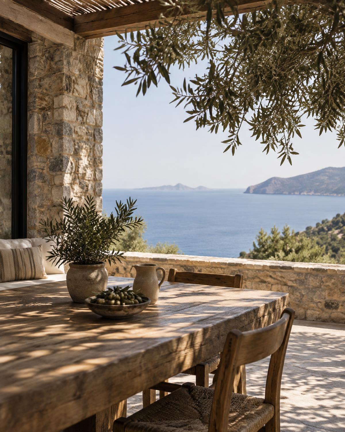 Terrasse ombragée face à la mer